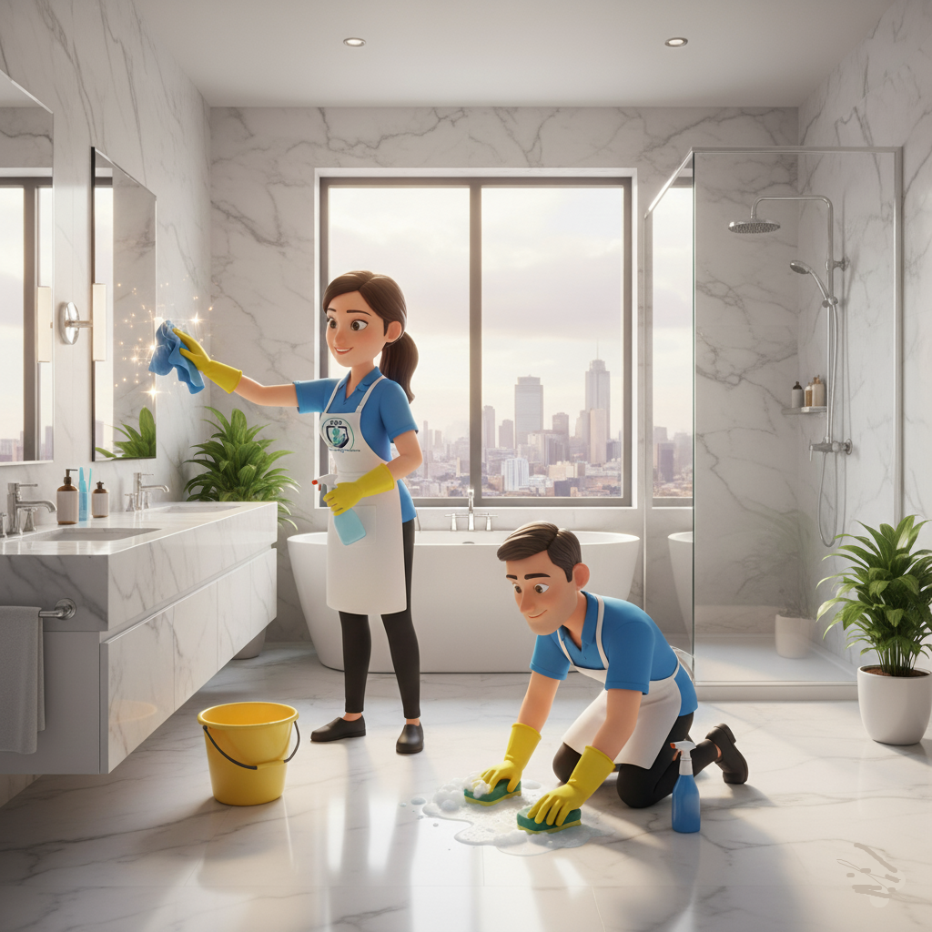 0161 Cleaner in Manchester mascot characters cleaning a bathroom