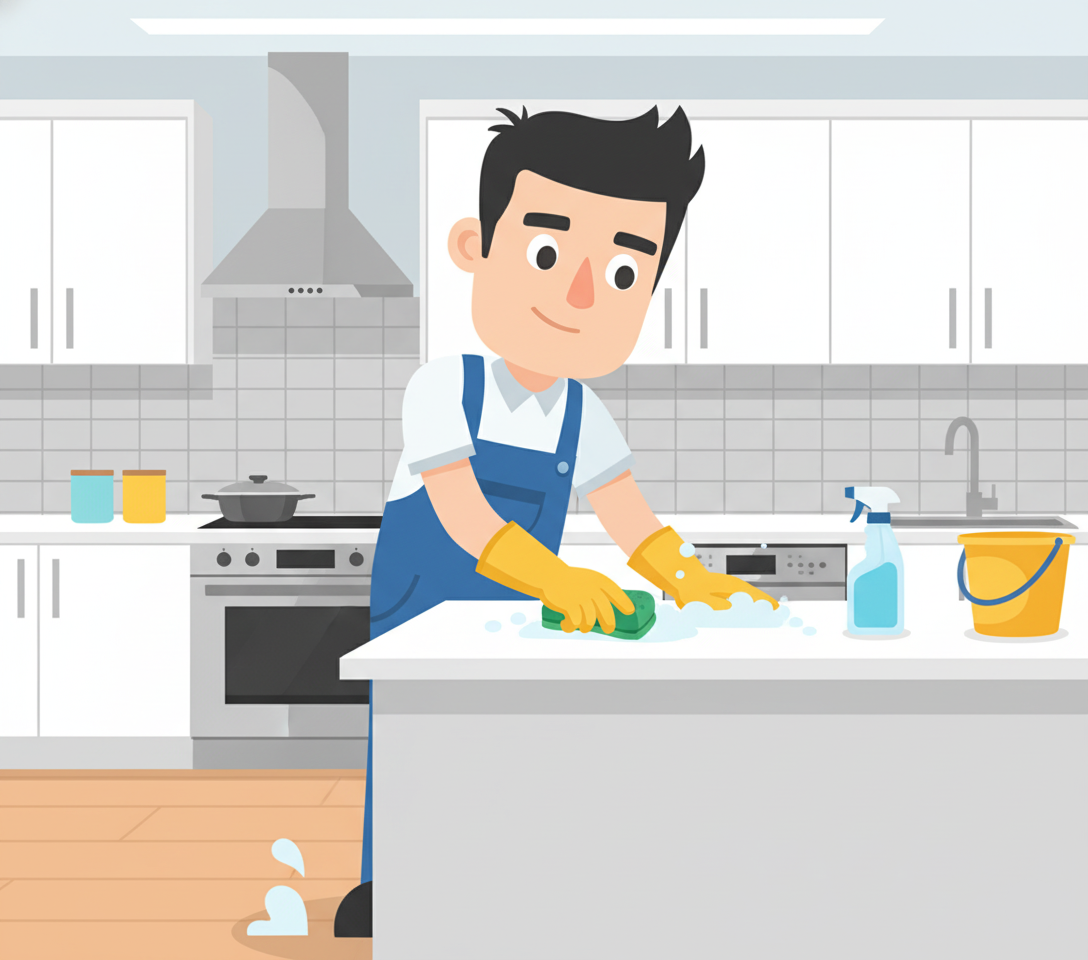 Professional cleaner polishing a kitchen surface in Manchester